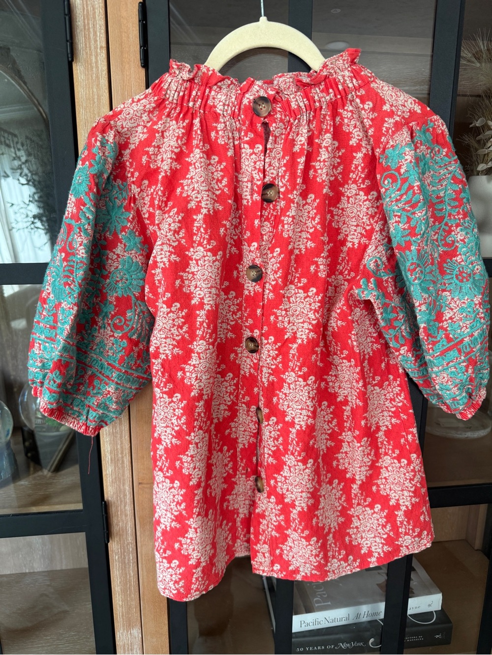 Embroidered puff sleeve blouse top floral oaxacan boho colorful ruffle mock neck - Picture 2 of 7